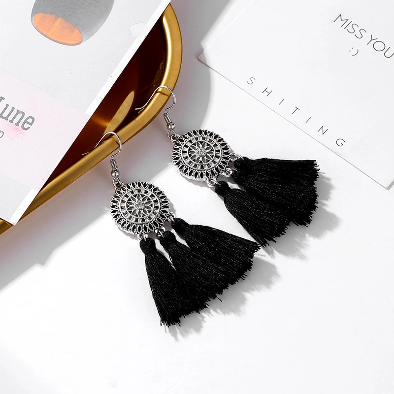 Женские винтажные серьги подвески Boho этнические круглые висячие с бахромой