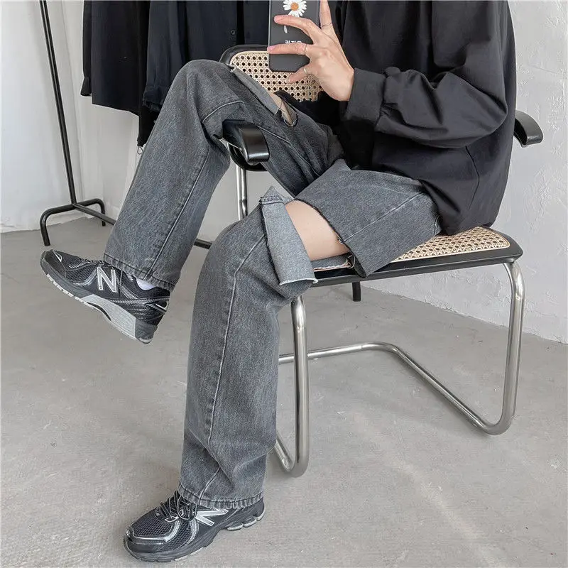 

Summer Ripped Jeans Men Korean Fashion Loose Casual Jeans Men Harajuku Streetwear Hip-hop Ripped Wide-leg Straight Jeans Men