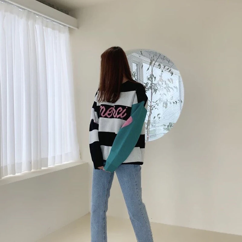 GALCAUR лоскутный полосатый свитер ярких цветов женский круглый вырез фонарь