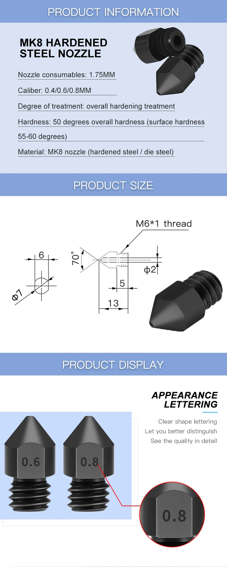 3D-принтеры запчасти принтера Reprap MK8 закаленная сталь насадка 1,75 мм 0,4/0,6/0,8 мм для Эндер 3 CR10 Эндер 3 PRO 3D-принтеры