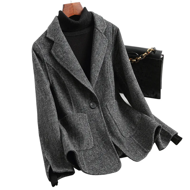 Женский твидовый двубортный пиджак 19FW приталенный на одной пуговице herringbon