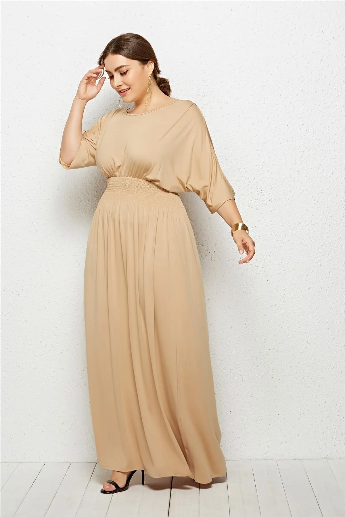 Fashion Plus Size Women Long Dress Smocking Stitch Waist Party Dresses Solid Slit Opening Sleeve Modern Woman |