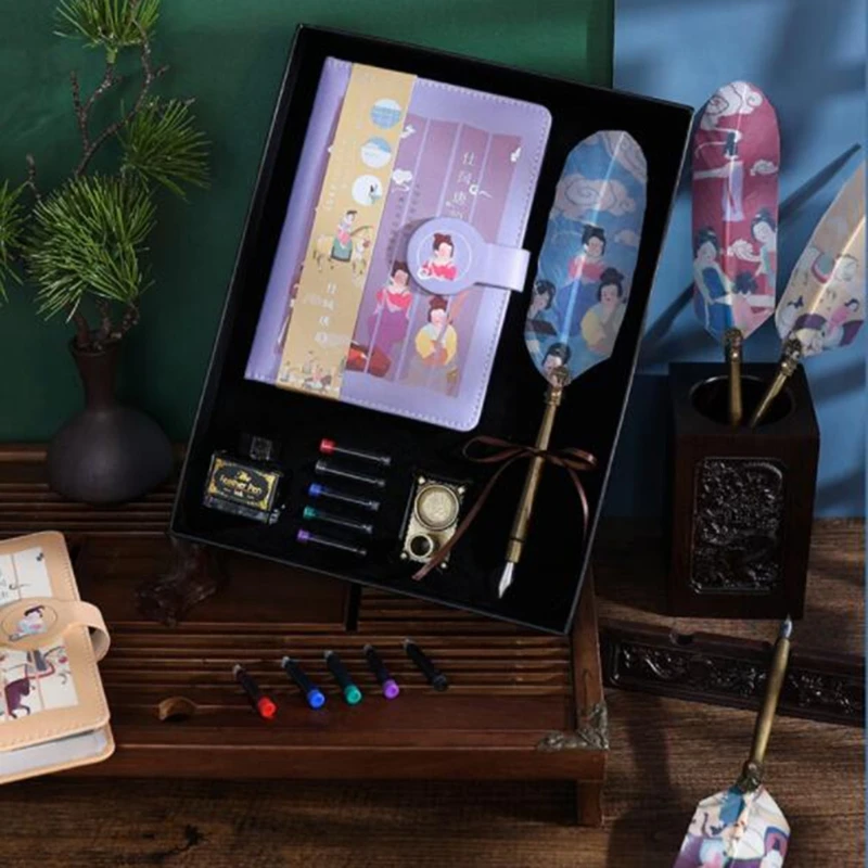 

Excellent Retro Calligraphy Pen Set Ancient TANG Dynasty Pattern Design with Ink Sacs/PU Scrapbook/Ink Bottle for Gifts