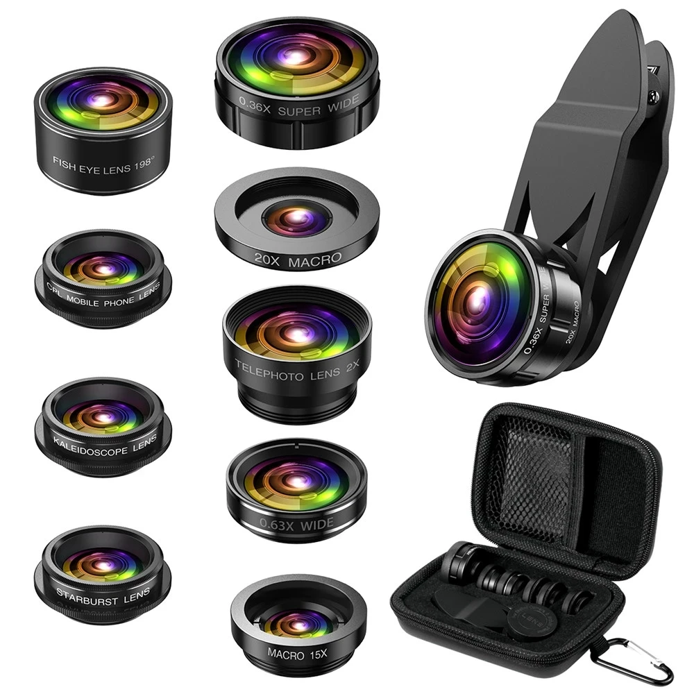 

Universal SmartPhone Camera Lens 9 in 1 Phone Lens Kit 0.36X 0.63X Super Wide Lens 15X 20X Macro Len 2X Telephoto Fisheye Lens