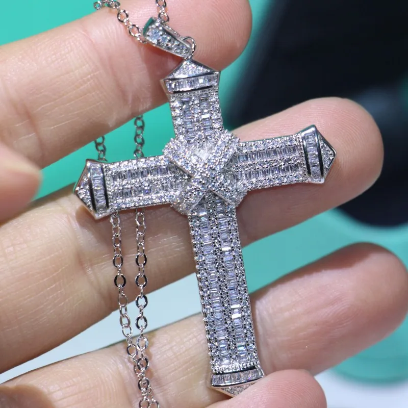 Hot Sell Sparkling Luxury Jewelry 925 Sterling Silver Full White Clear 5A Cubic Zircon Cross Pendat Women Bridal Necklace gIFT | Украшения