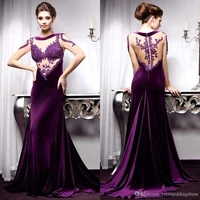2020 purple velvet evening gowns long sleeves with applique prom dresses back zipper sweep train custom formal gowns illusion
