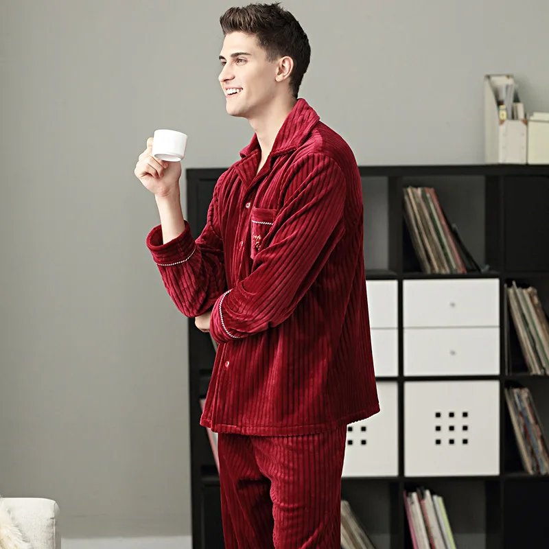 Men's Frankind Autumn Winter Red Home Set Island Velvet Plus Thick Warm Cardigan Festive Wedding Pajamas Sets Lounge Nightwear