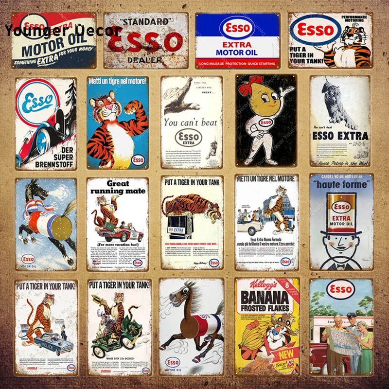 

Retro Esso Metal Signs Tiger Motor Oil Poster Wall Decor For Pub Bar Car Gas Gasoline Plaque Vintage Garage Decoration YI-053