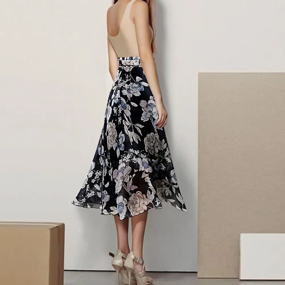 Юбка женская шифоновая средней длины модная юбка с бантом на шнуровке цветочным