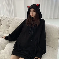 houzhou cat ears hoodie women black kawaii long sleeve autumn winter hooded sweatshirt gothic streetwear loose casual clothes