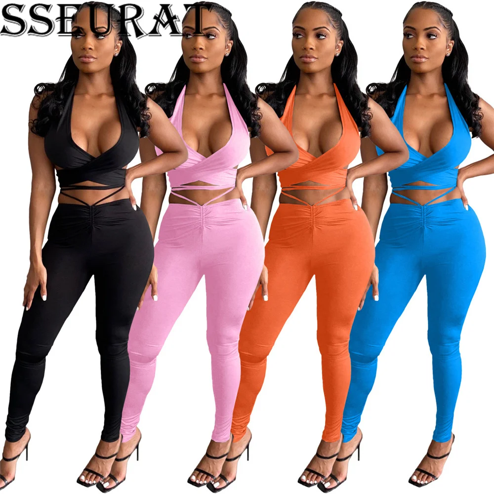 

SSEURAT Women Sexy 2 Pieces Lace Up Halter Crop Top Leggings Set Streetwear Party Club 2022 Summer Outfits
