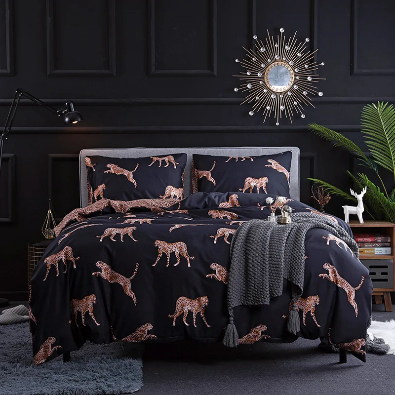 

Комплект постельного белья с черным гепардовым рисунком, простой современный домашний текстиль, Королевский двуспальный комплект постель...