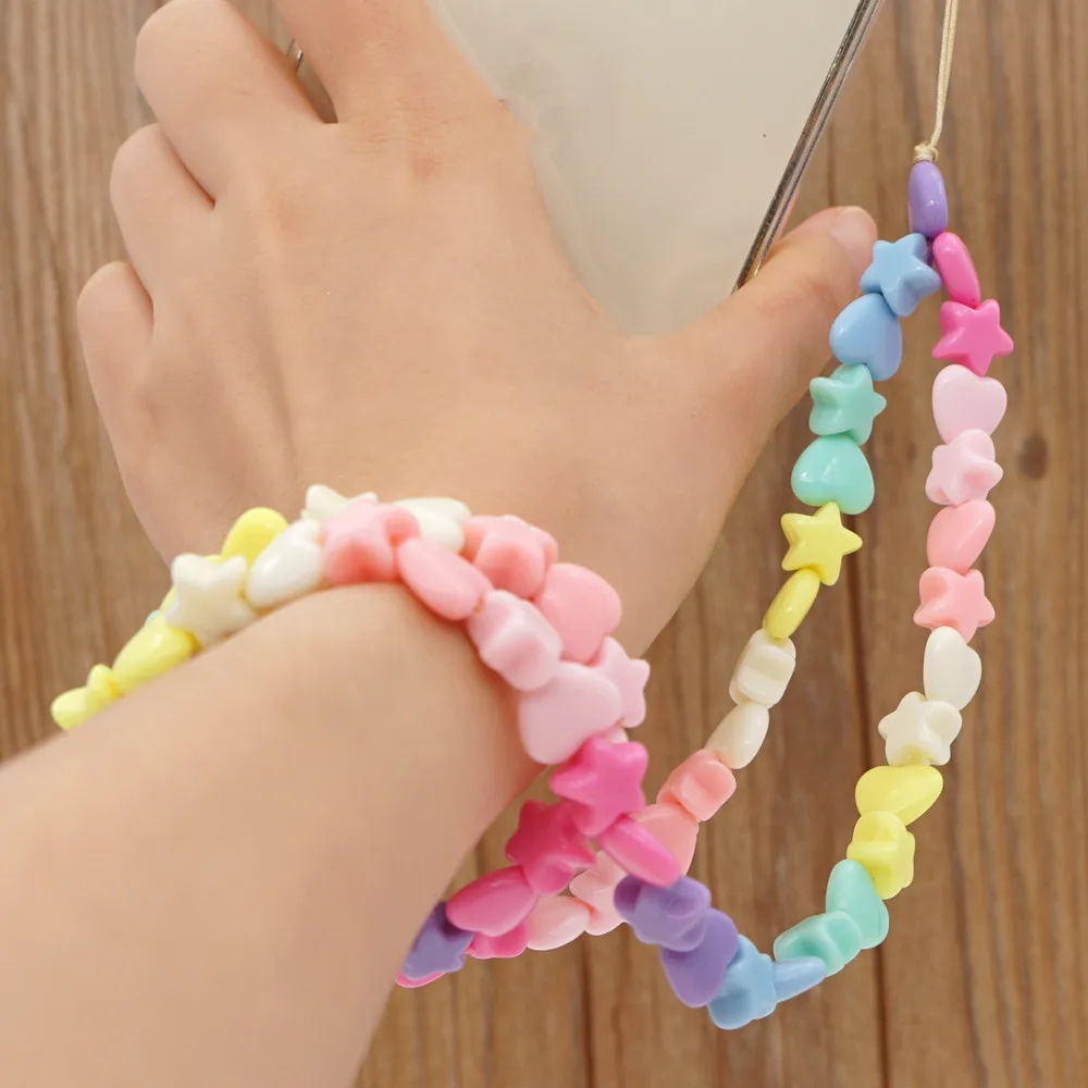 

AOMU INS Ethnic Fashion Resin Multicolor Star Heart Beads Mobile Phone Chain for Women Long Acrylic Beaded Phone Lanyard Jewelry