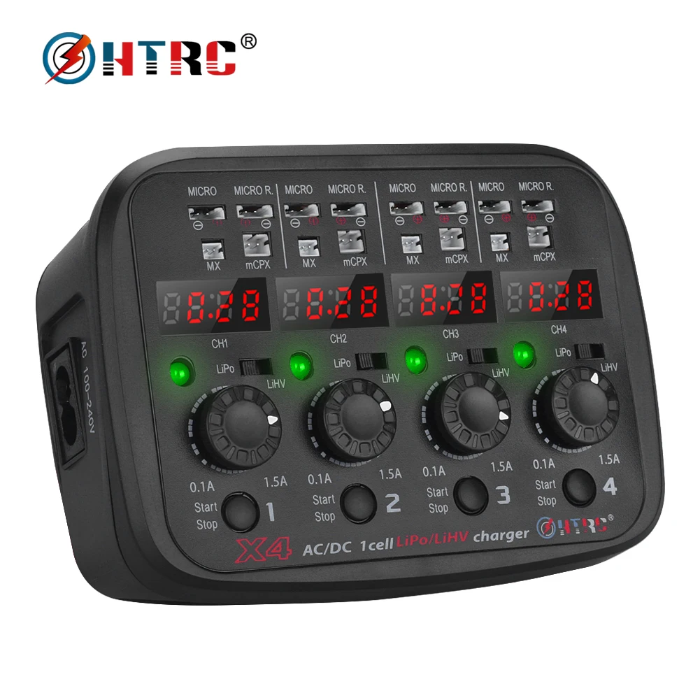 Микро зарядное устройство HTRC AC DC 4x1s 24 Вт 1.5A Quattro 1s Lipo/Lihv микро для Micro/Micro Reverse/MX/mCPX