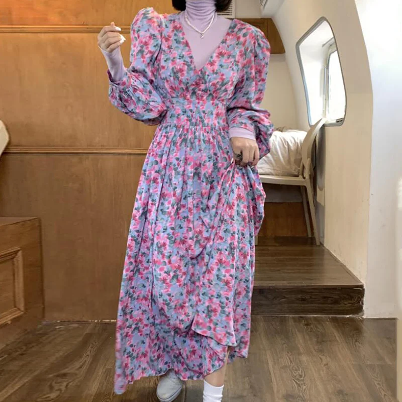 

Женское Плиссированное Платье с V-образным вырезом, длинным рукавом-фонариком и высокой талией