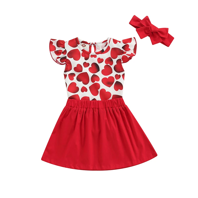 

0-18M Newborn Baby Girl Fly Sleeve Heart Pattern Cotton Bodysuit Tops Tutu Skirt Headband 3PCS Baby Clothing Set