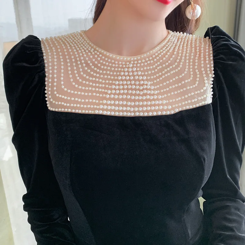 

2020 High End Black Women Dresses Vintage Long Sleeve Office Ladies Autumn Runway Party Red A Line Beading Velvet Dress Vestidos