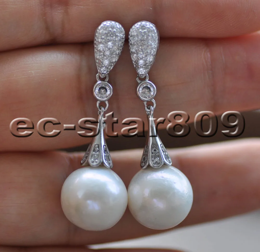 

Z10140 13mm White Round Keshi Edison Pearl Dangle Earring CZ