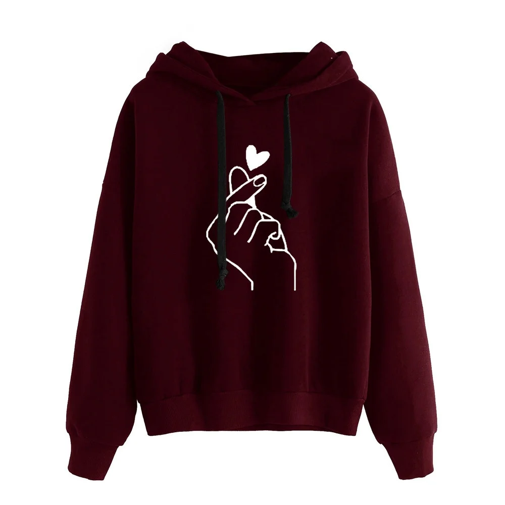 

Women Hooded Casaul Printed Heart Long Sleeve Solid Color Hooded Hoodie Finger Heart Hoodie Pullover Tops Hoodies Coat