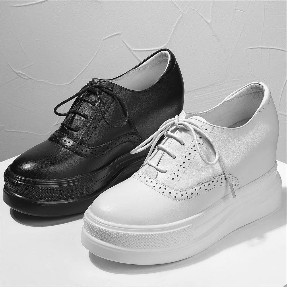 

Platform Creeper Shoes Women's Genuine Leather Round Toe Ankle Boots Wedge High Heels Goth Oxfords 34 35 36 37 38 39 40