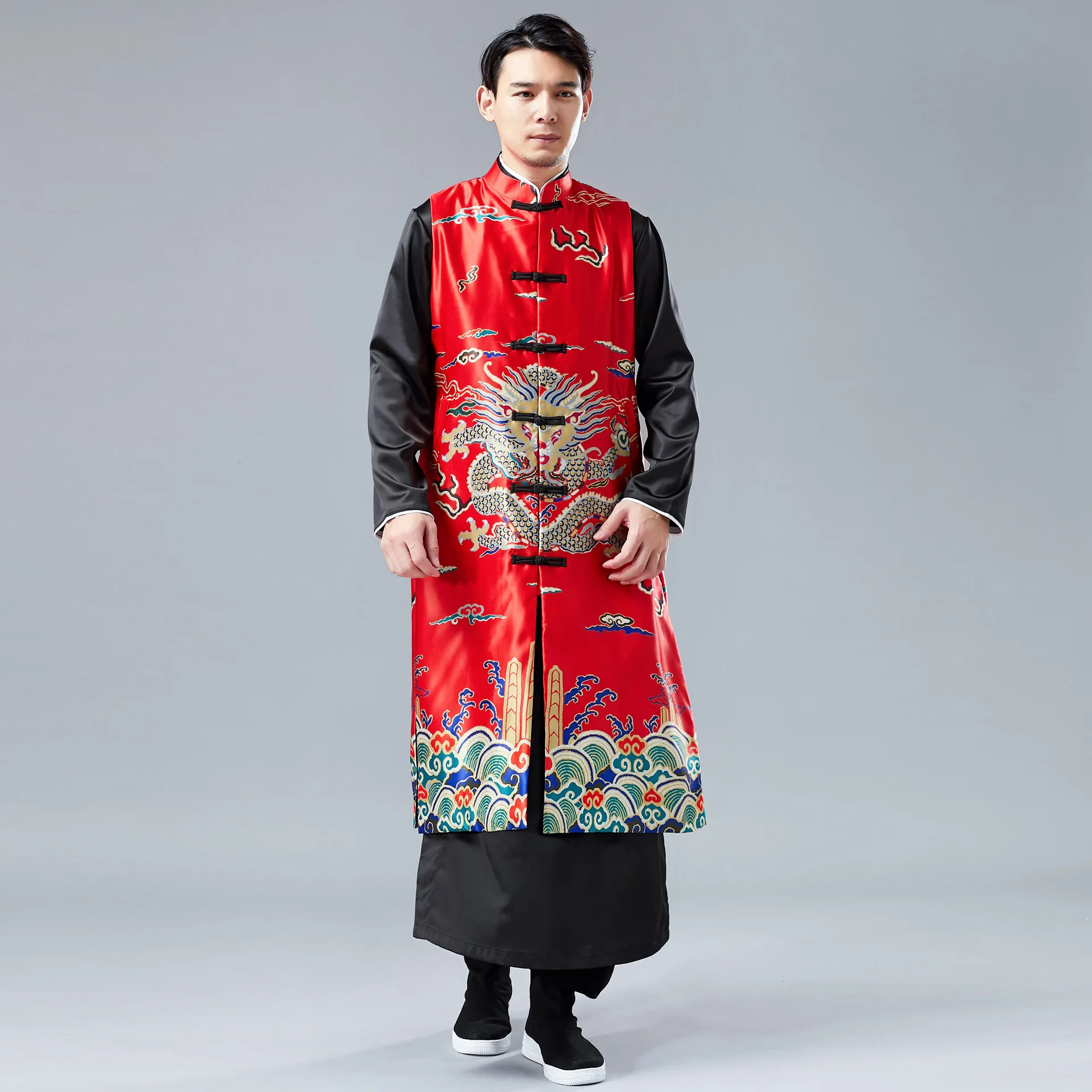 Мужской домашний халат с изображением дракона длинный Повседневный жилет в