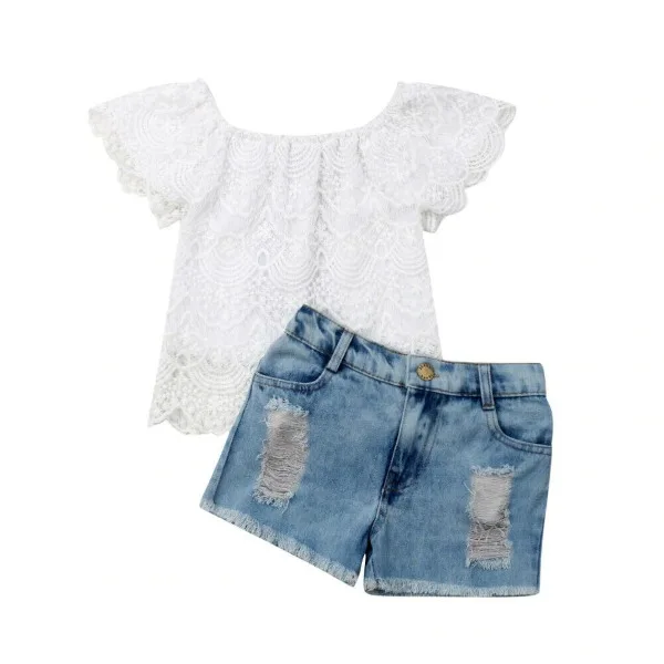 

Baby Girl Clothes 2pcs Set Kids Baby Girl Outfit 1-6y Summer Clothes Sets Lace Floral Tops+denim Short Pants Set 1-6 Years