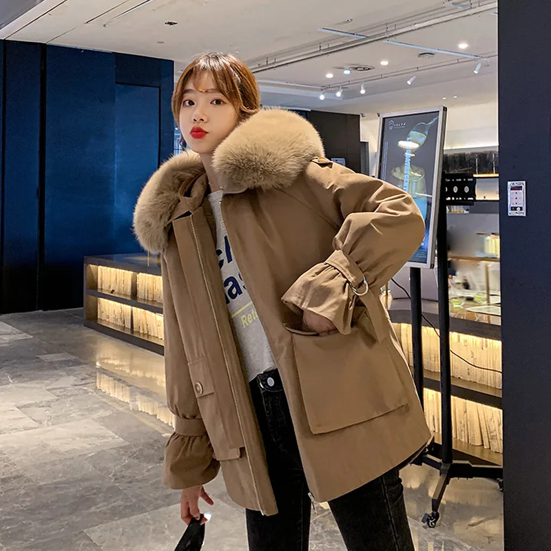 

Winter Warm Parka Women's 2020 Detachable Big Fur Collar Slim And Fleece Hooded Parka Women's Winter New Style Coat