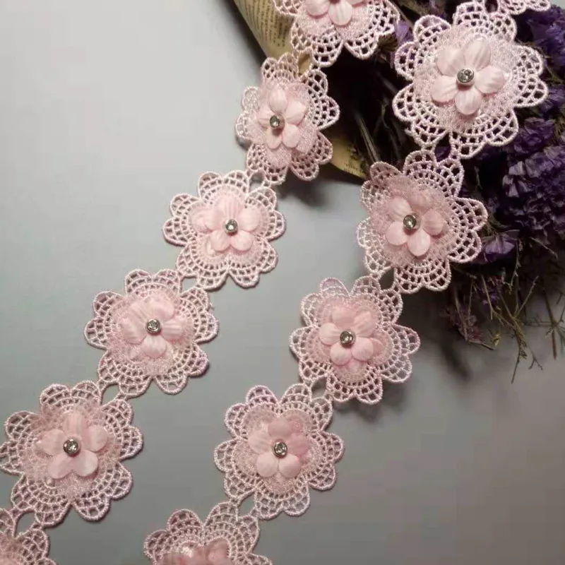 1 ярд розовый жемчуг 3D цветок кисточка кружевная отделка Лента ткань вышитая