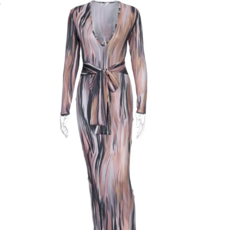 

Fashion New Tie-dye Printing Elegant Mid-length Dress Female 2021 Long-sleeved Slim Sexy Autumn And Winter Party Evening Dress