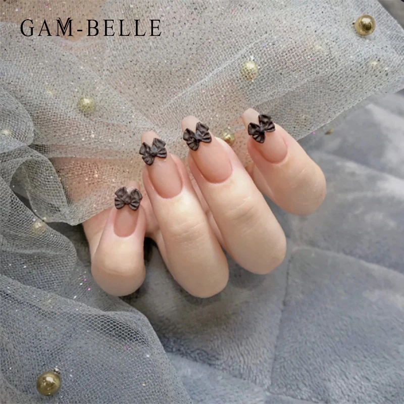 

GAM-BELLE 24 шт. Профессиональные Накладные ногти матовый розовый длинный эллипс накладные ногти с 3D бантом полное покрытие пресс на ногти маник...