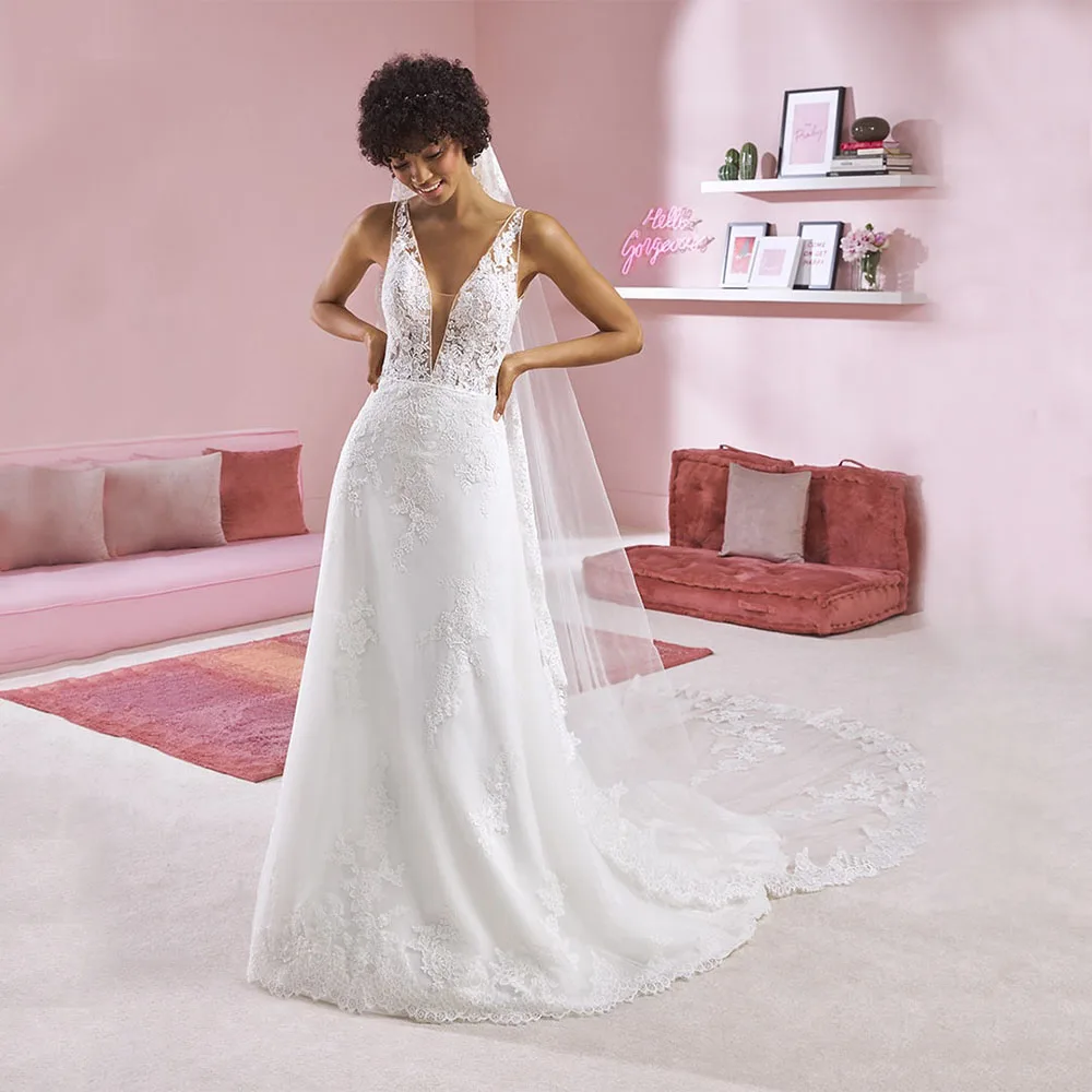 

Sexy Deep V Neck A Line Wedding Gown Cap Sleeve Backless Tulle Sweep Train Applique Simple White Bridal Dress Formal