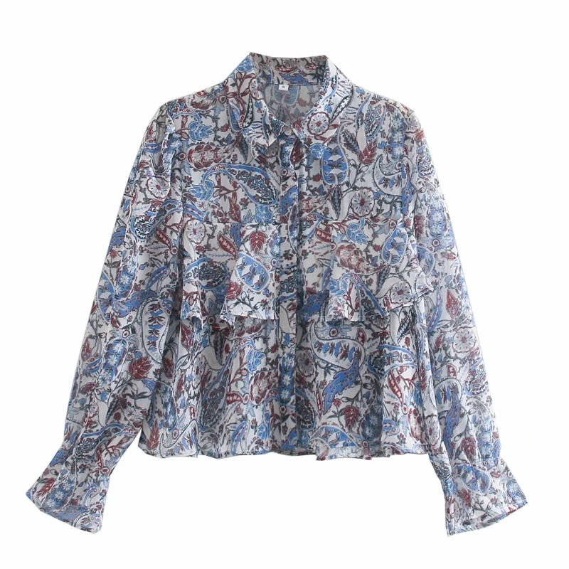 

Women Paisley Printing Chiffon Cascading Ruffle Shirt Casual Femme Long Sleeve Blouse Lady Loose Tops Blusas S8113