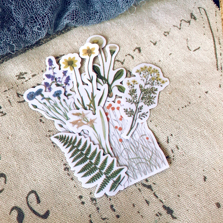 8 наклеек для дневника в винтажном стиле маленькая трава листья бархатная