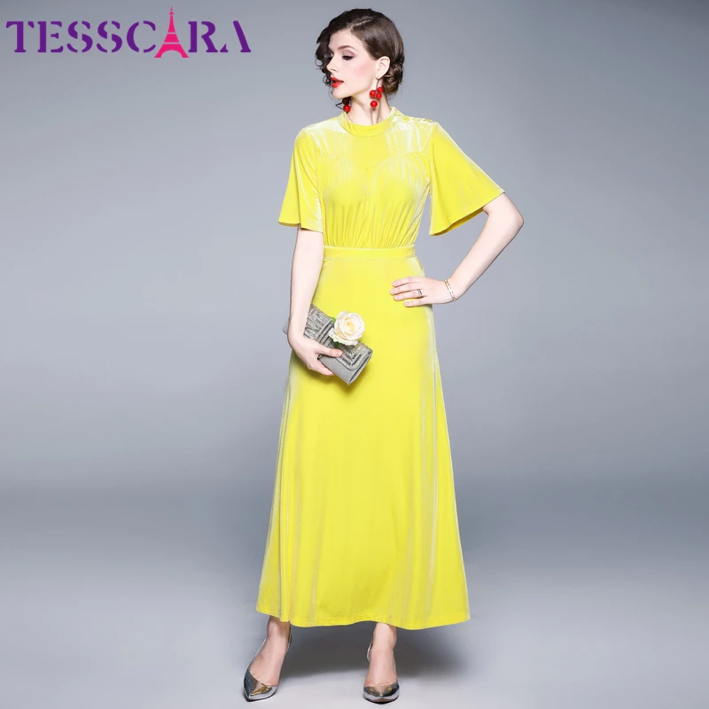 TESSCARA женское осенне зимнее элегантное желтое бархатное платье Festa дизайнерское