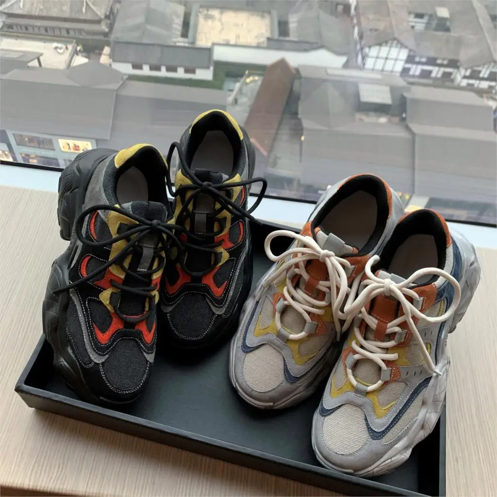 

ISNOM Women Sneakers Flats Female Mix Color Platform Sports Sneakers Mesh Thick Sole Lace Up Sneakers Women Runnning Shoes