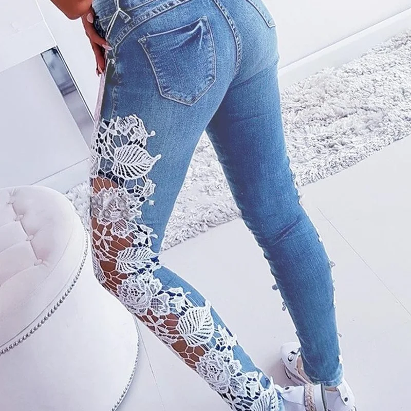 

Sexy Lace Crochet Hollow-Out Jeans Spring Autumn Women Casual Denim Pants Elegant Sexy Denim Pencil Skinny Jeans Plus Size 3XL
