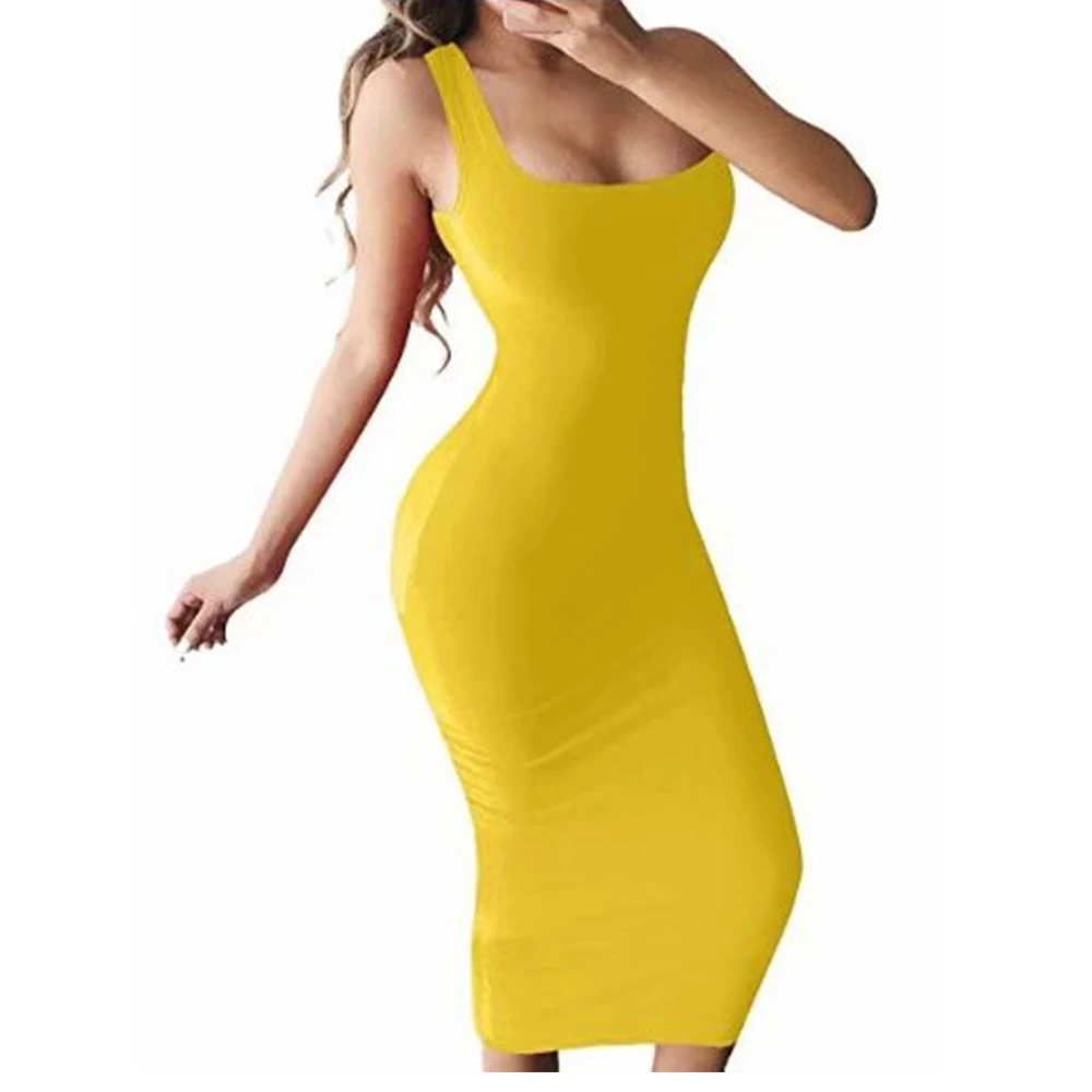 Женское облегающее платье на бретелях-спагетти желтое зеленое черное оранжевое