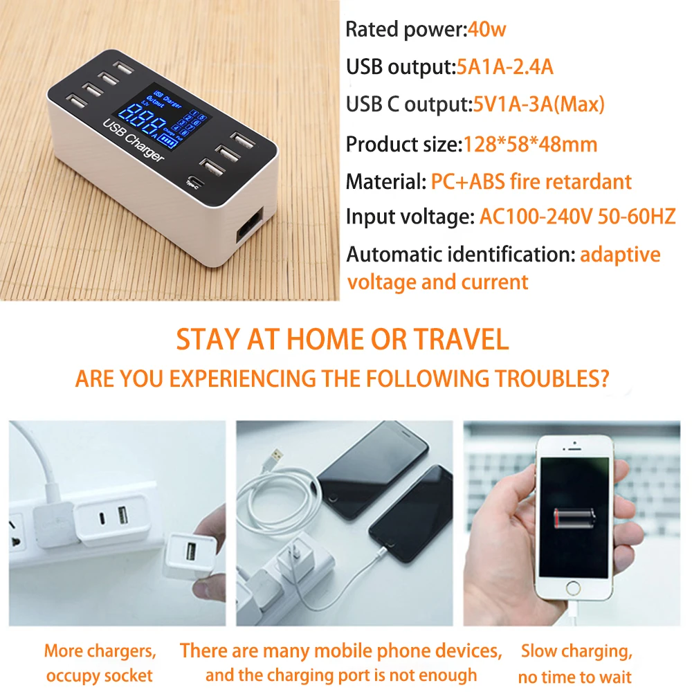 Умное зарядное устройство 8USB Type C для Android iPhone адаптер телефона планшета быстрой