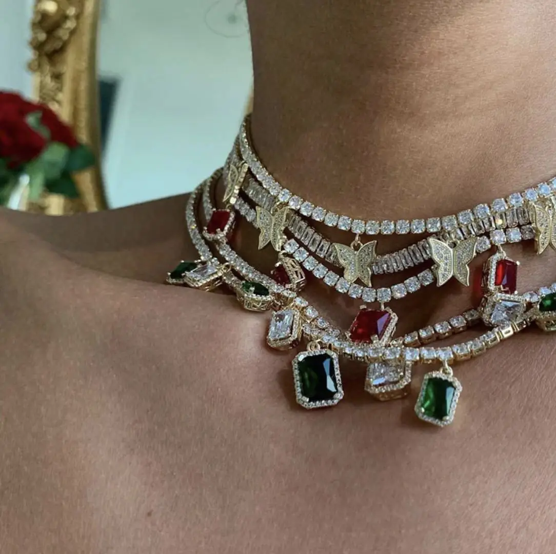 Белый зеленый красный красочный Багет cz падение теннис ожерелье iced out bling чокер для женщин Девушка Роскошные ювелирные изделия