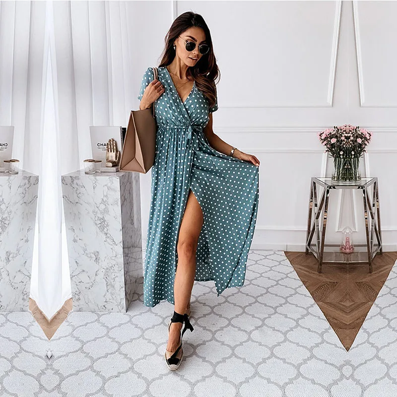 

Women Summer Deep V Neck Drawstring Split Polka Dot Long Dress Bohemian Ladies Dress Wrapped chest high waist irregular skirt