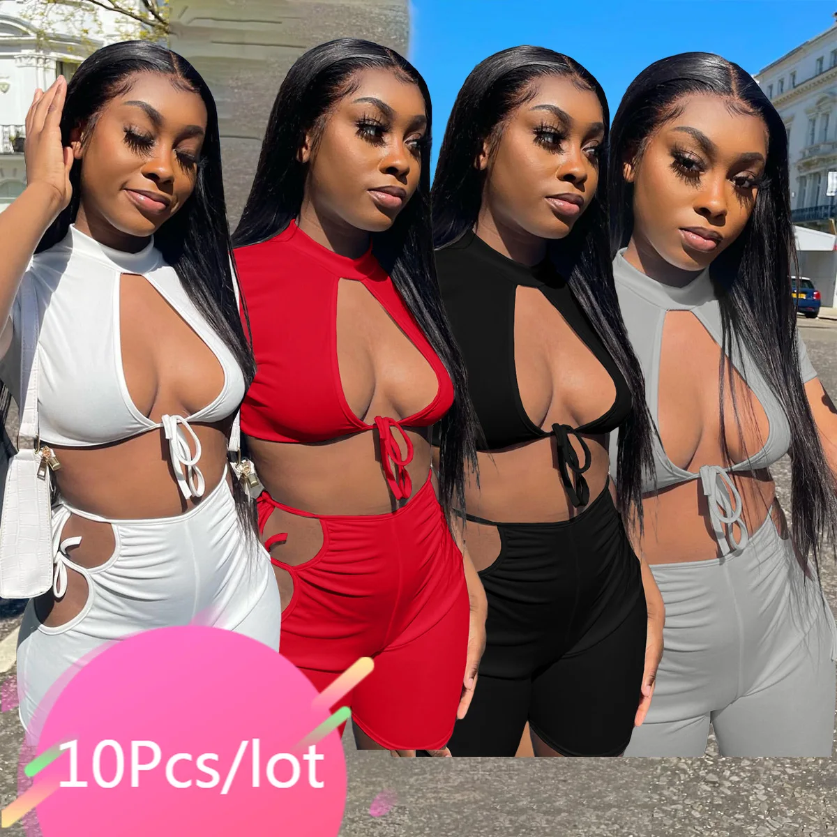 

Bulk Item Wholesale Lots Y2k Summer Women New Shorts Set Hollow Out Bandage Bodycon Sexy Club Clothes 2 Piece Matching Sets 2021