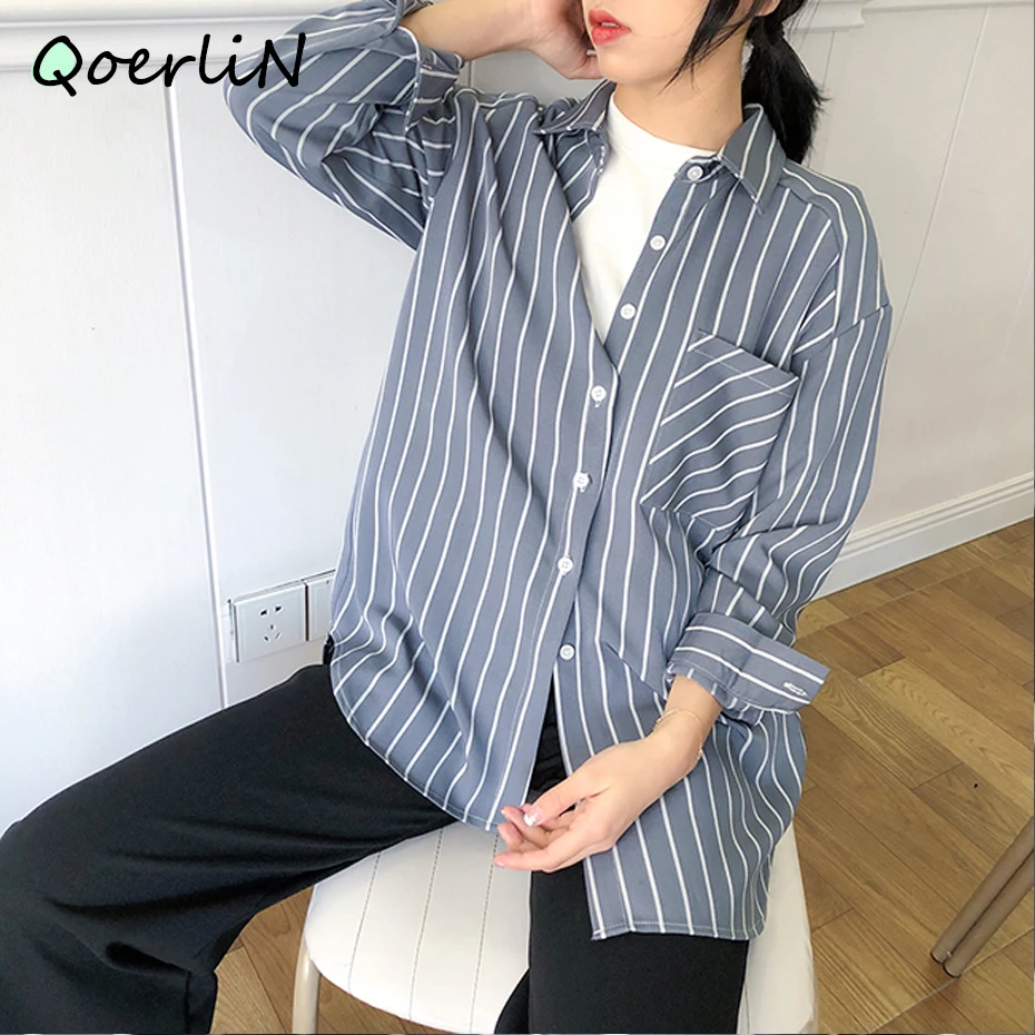 Высококачественная Офисная Женская блузка в полоску рубашка с длинным рукавом