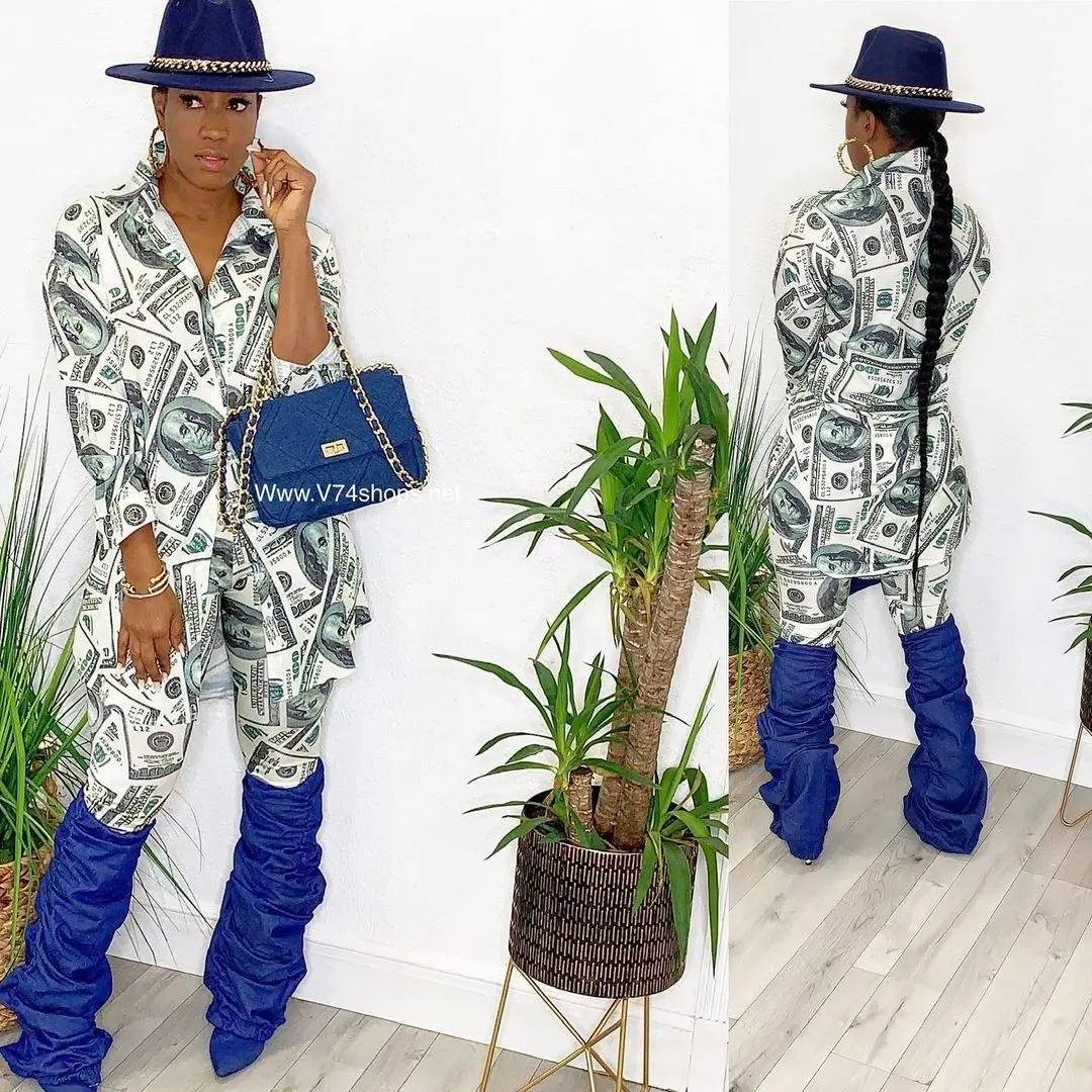 

Women's Casual Dollars Printed Cardigan 2 Pieces Set Suit Trumpet Sleeve Wiped Kimono Loose +bodysuit +Trousers Two Piece Suits
