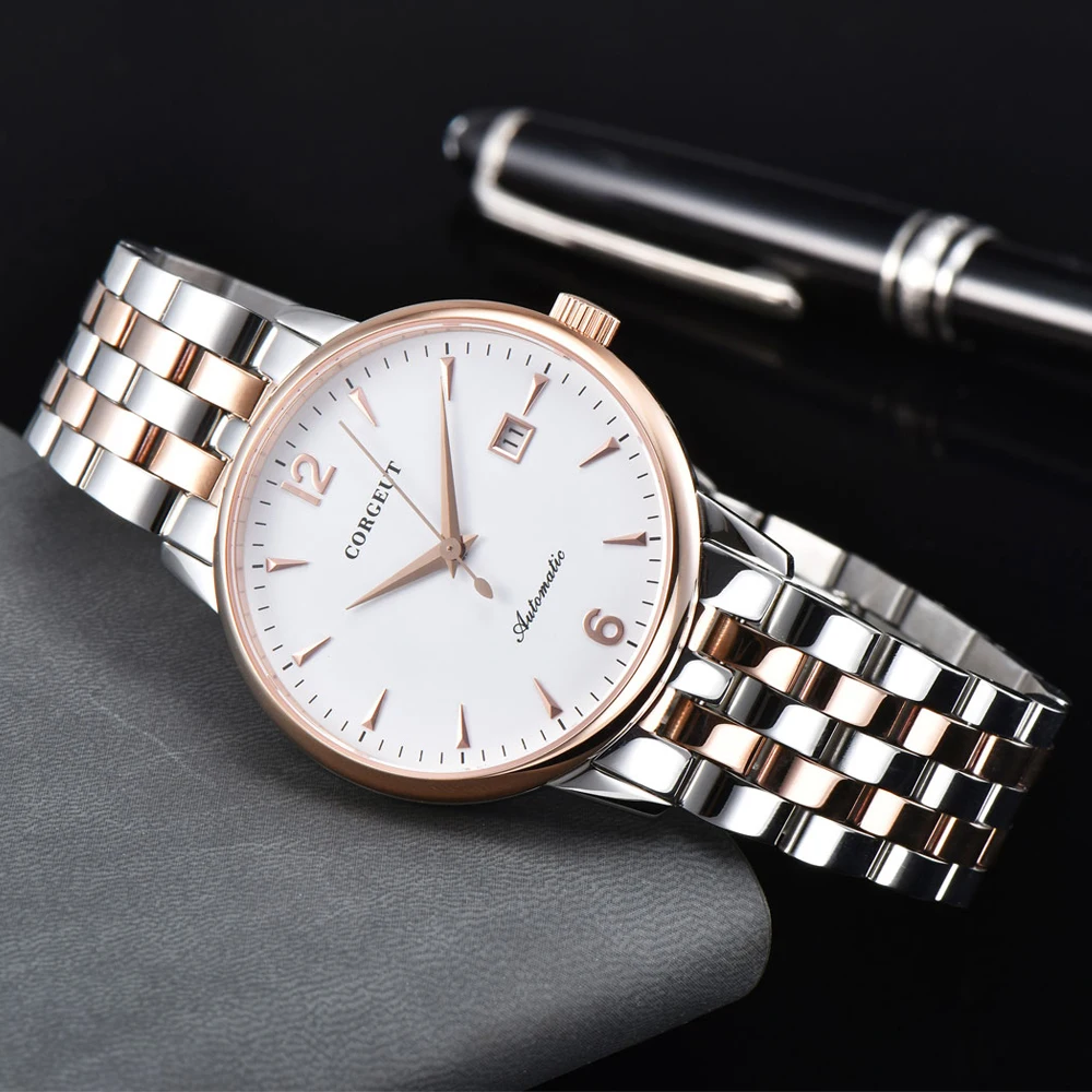 

Corgeut 40mm Mens Watch Rosegold case Steel bands Saphirglass White Dial Miyota8215 Automatic Mechanical Herren WristWatch Men