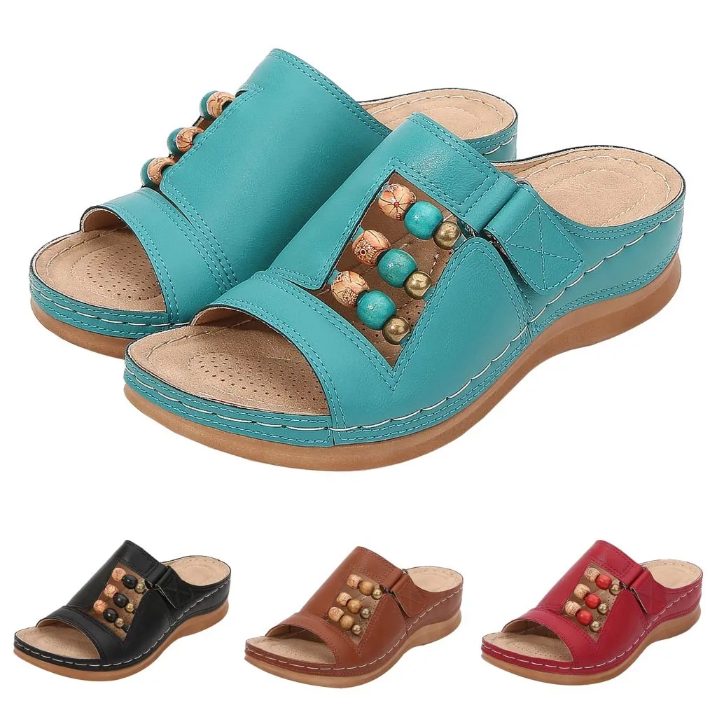 

2021 New Beach Flip Flops Bohemian Sandals Slipper Platform Women's Beach Beaded Bohemian Slippers Wedges Roman Casual Shoes