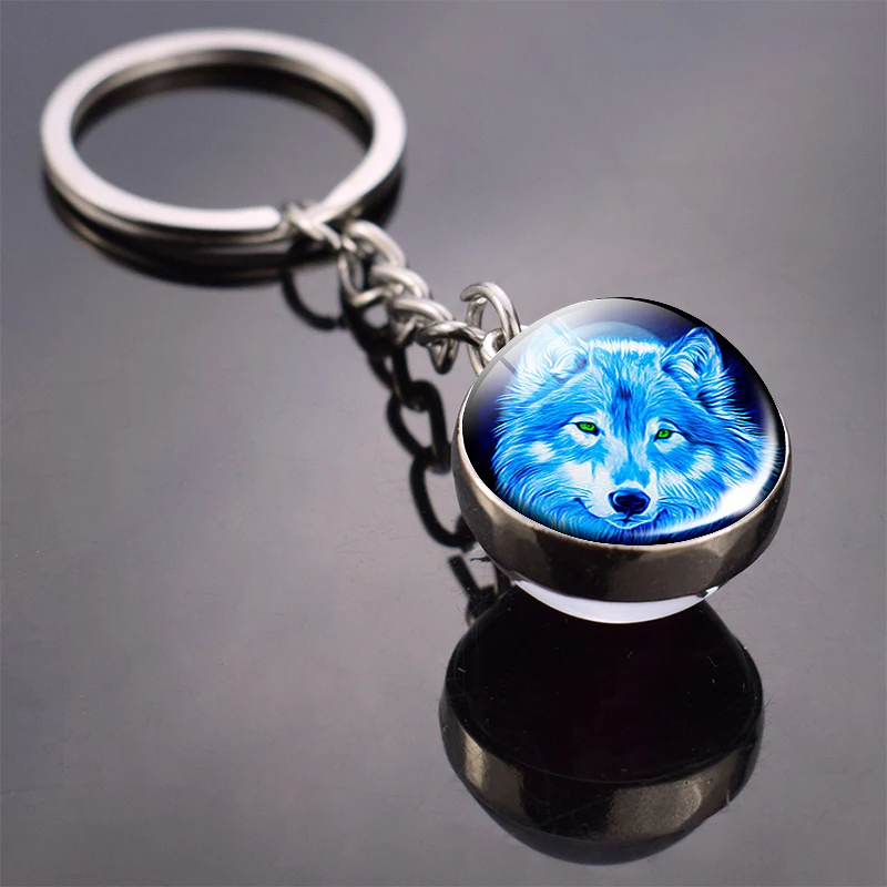 Glow in Dark Jewelry Howling Wolf Keychain Wolf Luminous Glass Cabochon Pendant Keyring Double Side Glass Ball Keychain