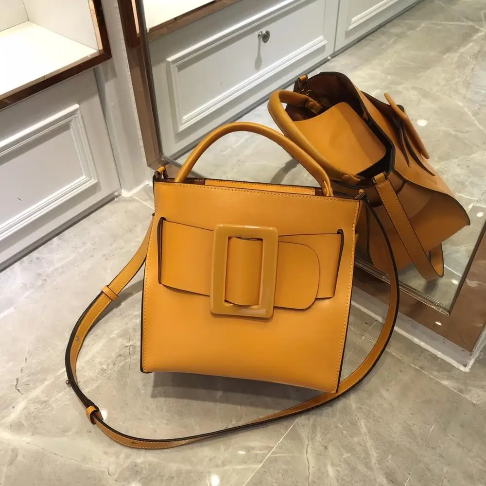 

free shipping 2020 the new style Fashion square buckle genuine cow leather women handbag one shoulder bag crossbody bag 21cm