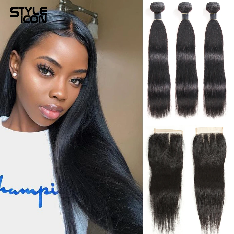 Straight Bundles With Closure Brazilian Hair Weave Bundles With Closure 30 Inch Human Hair Bundles With Closure Hair Extension