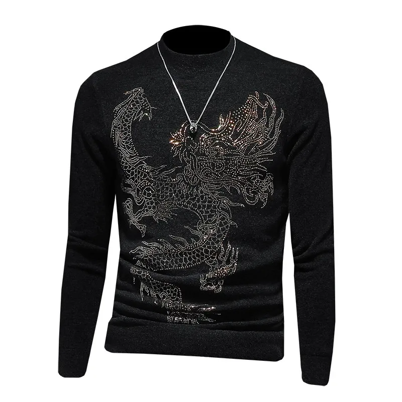 

New Mens Short Slim Korean Style Fashion Diamonds Warm O-Neck Sweaters Black 3D Print Spliced Casual Vintage Pullovers Sweaters