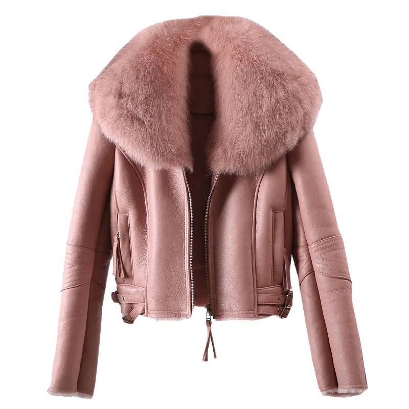 Дубленка женская куртка Лисий меховой воротник из натуральной овчины